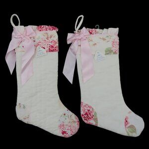 Simply Shabby Chic Pair of 2 Pink Floral Ruffle Christmas Stockings Holiday Xmas